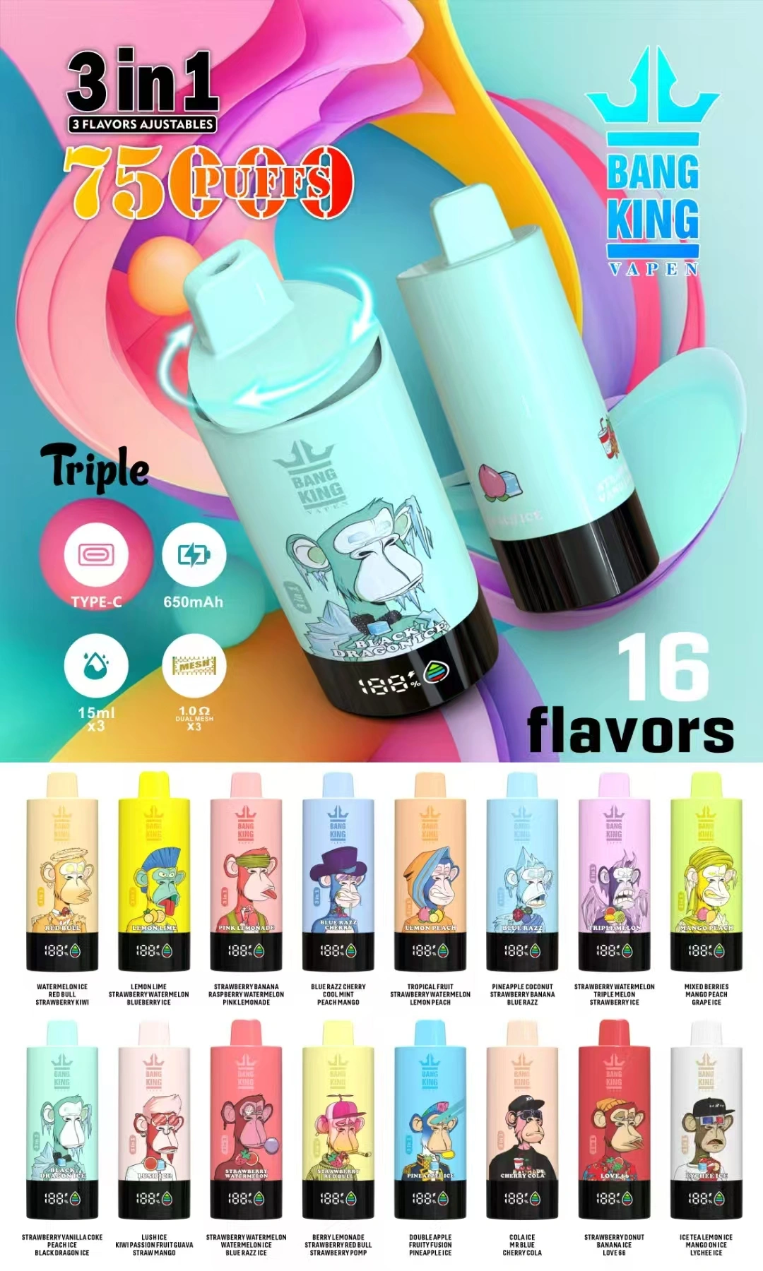 Bang King 75000 Puffs 75k 3 in 1 ühekordselt kasutatav Vape Triple Flavors