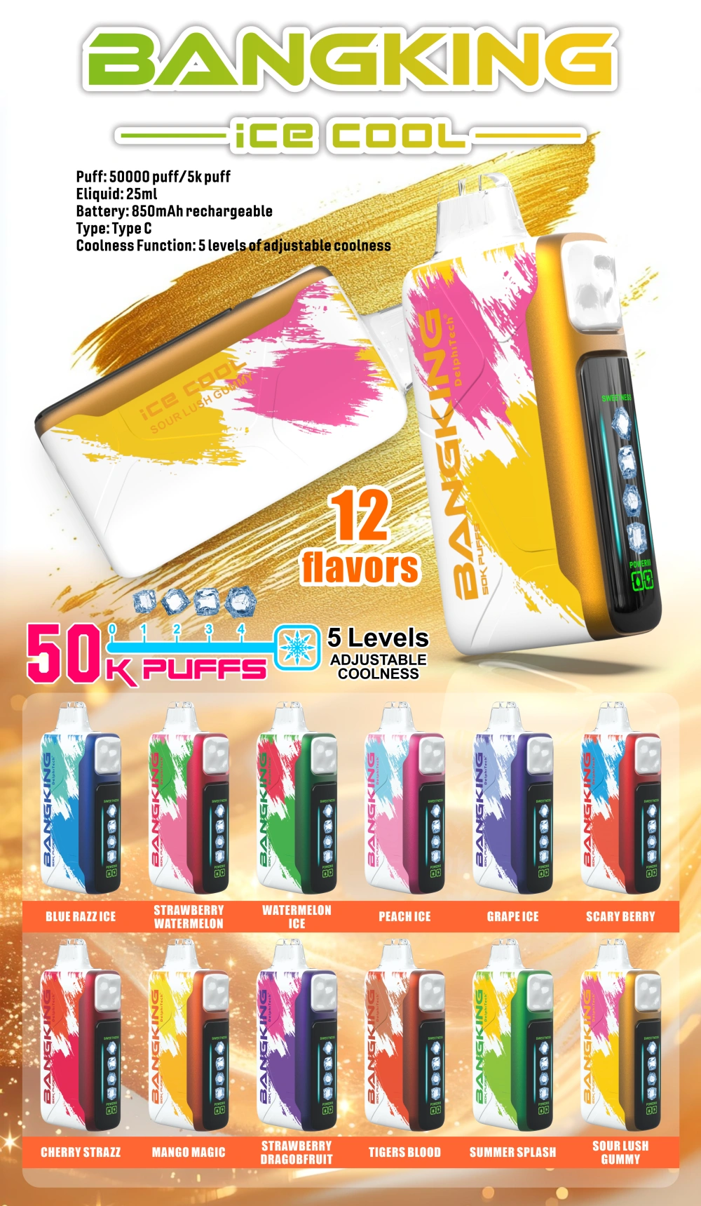 Puff 50k Bang King 50000 Puffs Ice Cool 5 niveauer Aejustable Coolness Engangs Vape