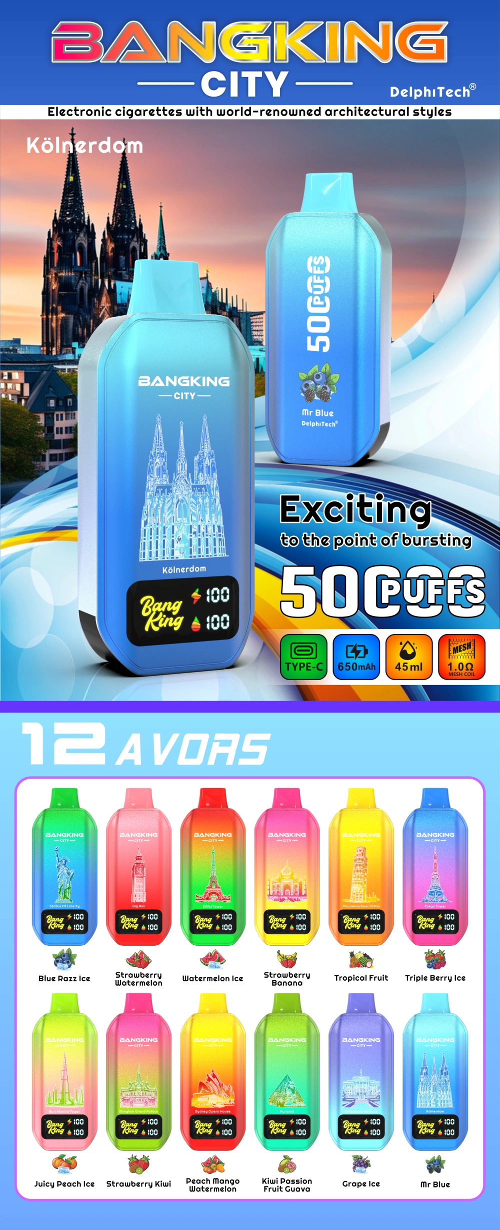 Puff 50k Bang King City 50000 Puffs Smart οθόνη μιας χρήσης Vape χονδρικής πώλησης