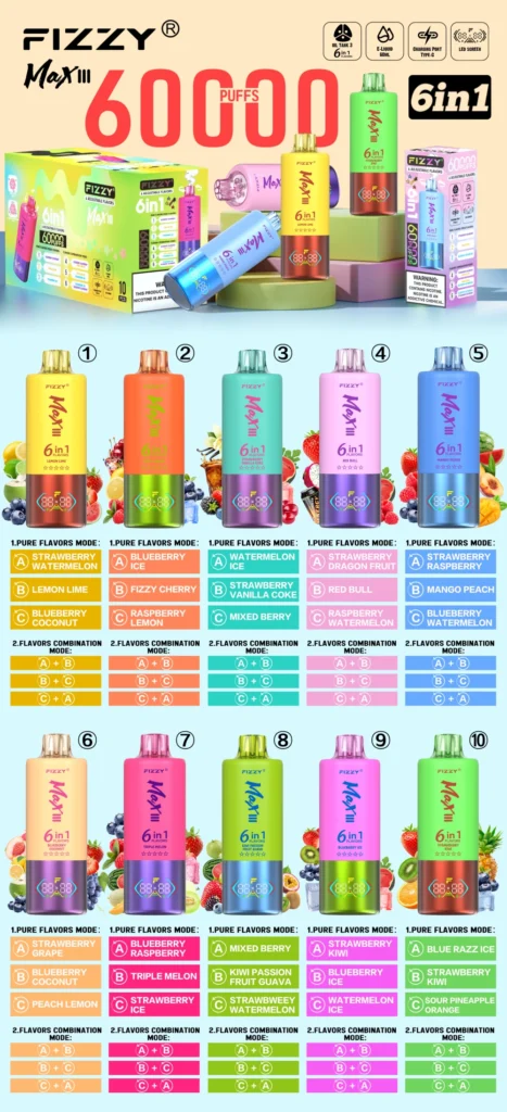 Puff 60k Fizzy 60000 Puffs 6 v 1 okusih za enkratno uporabo - Ultimate Vaping Experience 3 Fizzy 60000