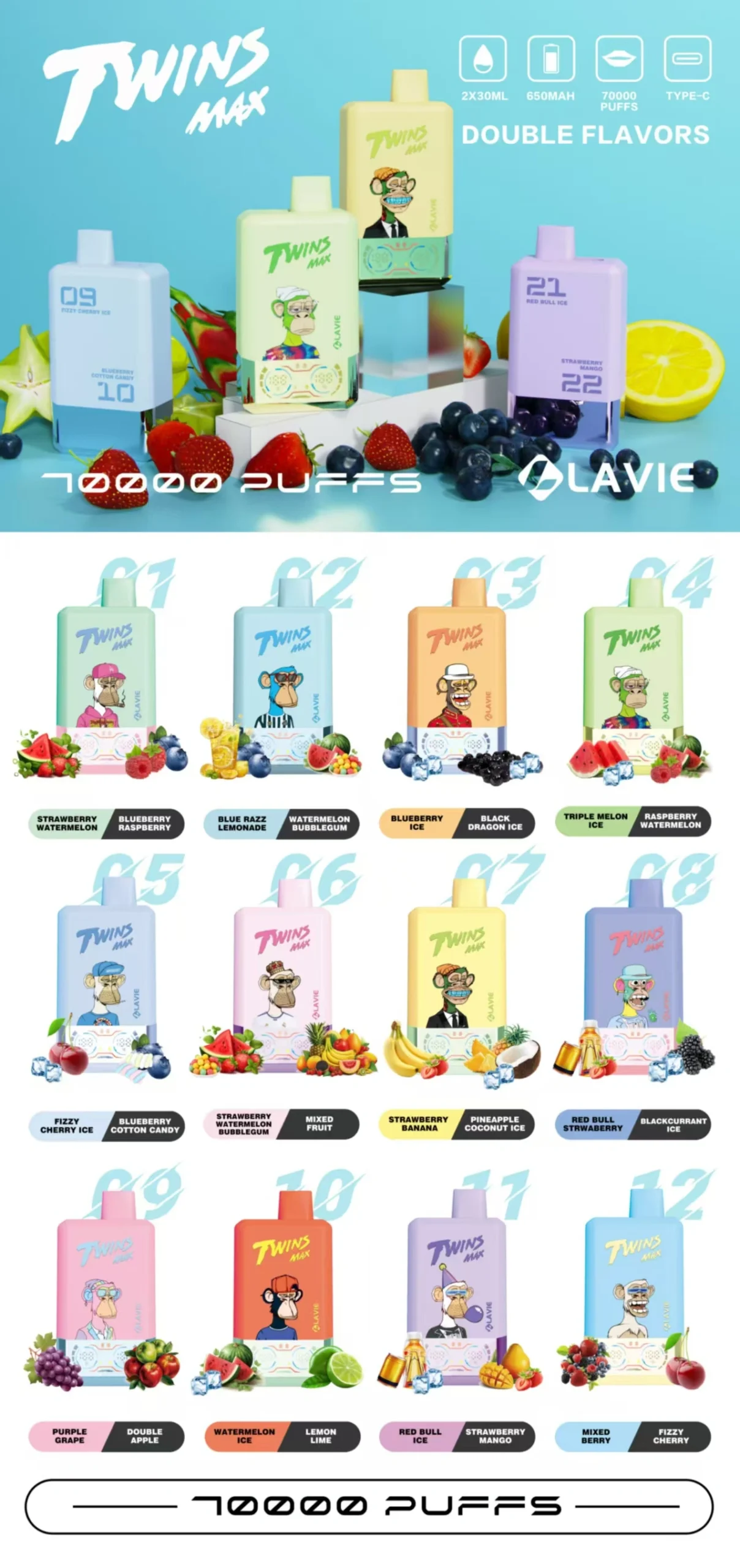 Lavie Twins 70000 Puffs Max 70k 2 σε 1 Vape μίας χρήσης