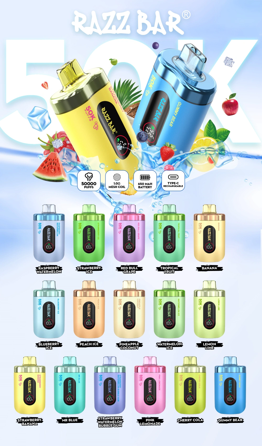 Razz Bar 45000 Puffs 45k Smart Screen Vape jednorazowego użytku