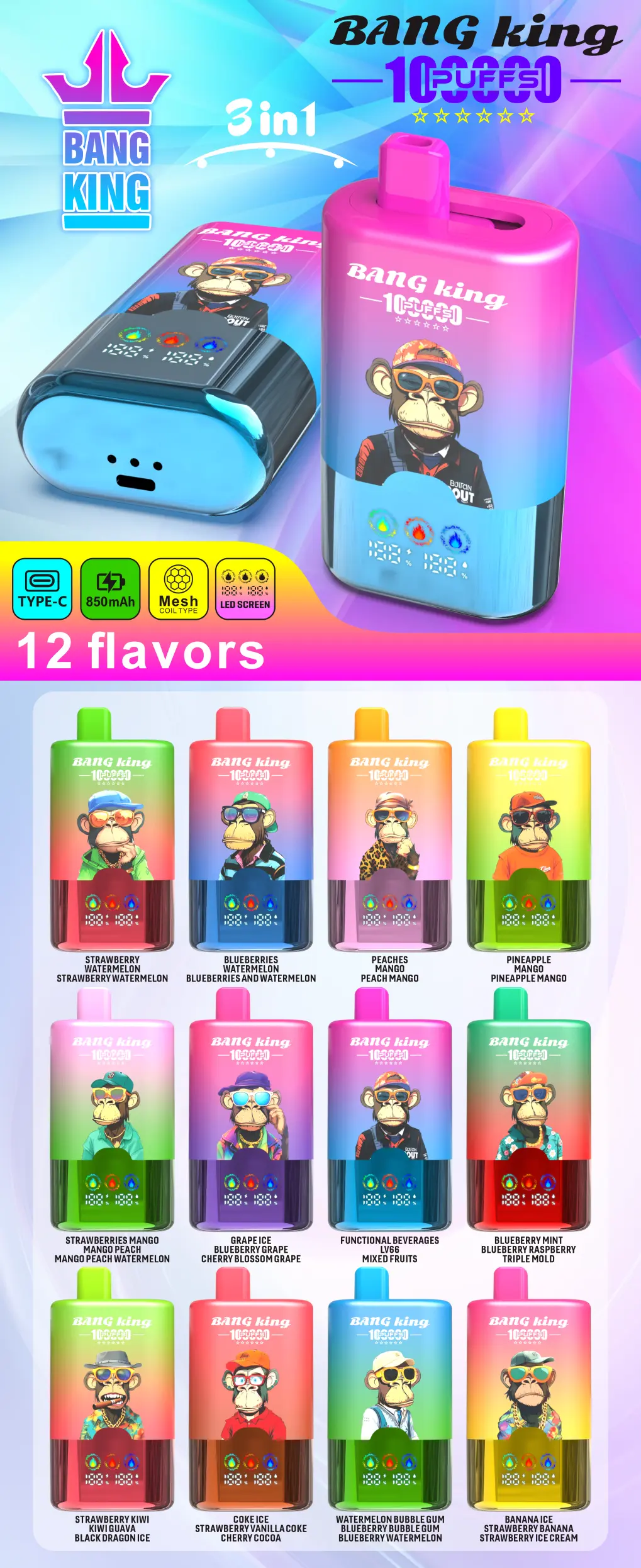Bang King 100K Puffs 3 in 1 Vape Shop 100000 Rechargeable Disposable Vaper Smart Screen EU Warehouse 1 Bang King 100K Puffs