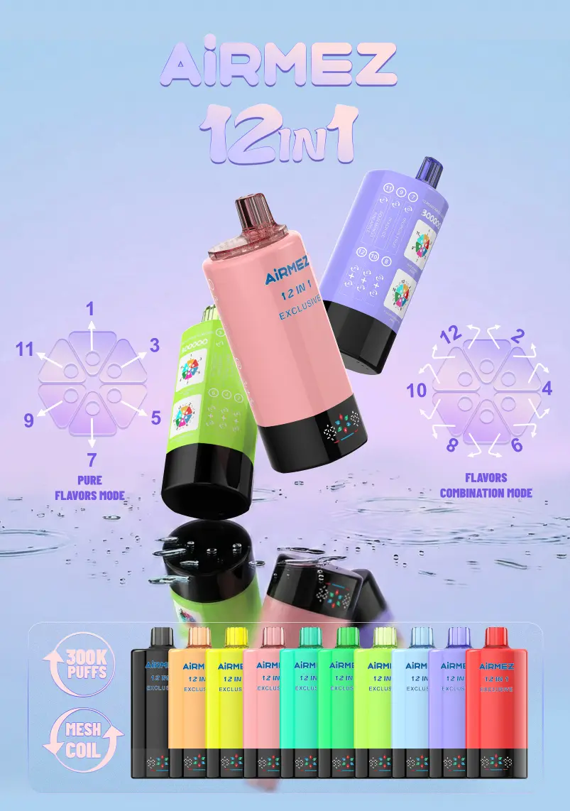 Airmez 300 000 caladas, 12 en 1, vaporizador desechable recargable, venta al por mayor, almacén en la UE, pantalla LED 1 Airmez 300 000 caladas