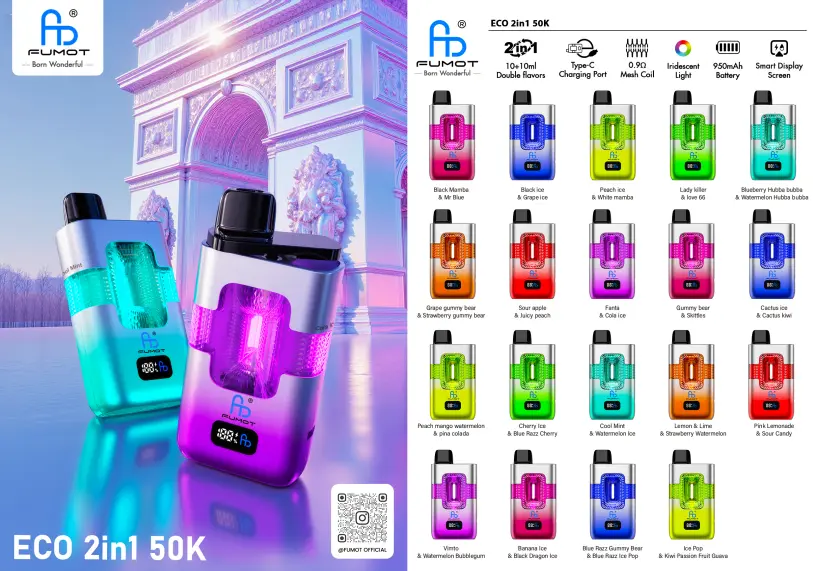 EU Warehouse Fumot Eco 2in1 50K 50000 Puffs Vape Pen Original Factory Smart Screen 1 „Fumot Eco 2in1“ – 50 tūkst. įkvėpimų