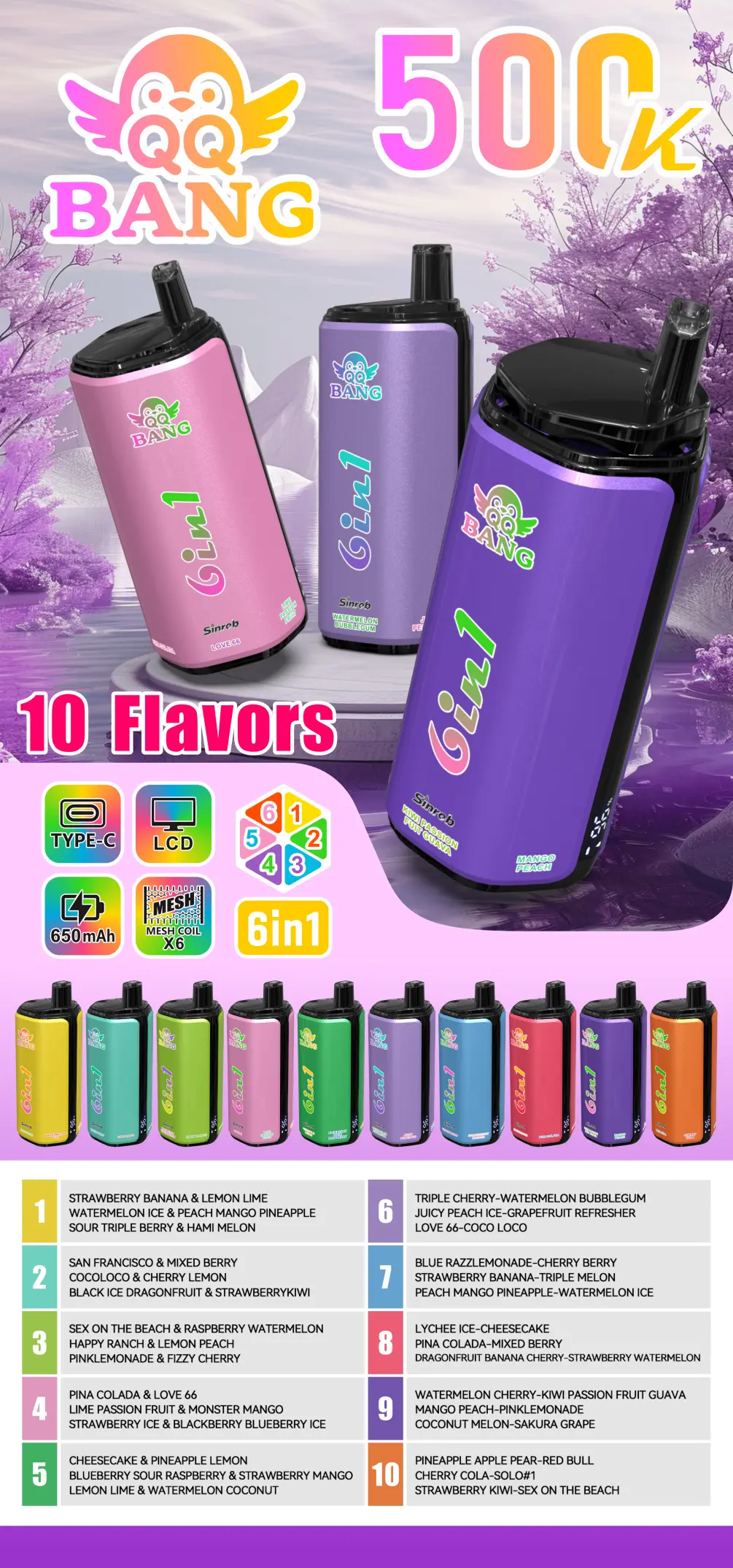 QQ Bang 500K Puffs 6 in 1 Rechargeable Disposable Vape 500000 Wholesale Electric Cigarette LCD Screen 1 QQ Bang 500.000 boccate