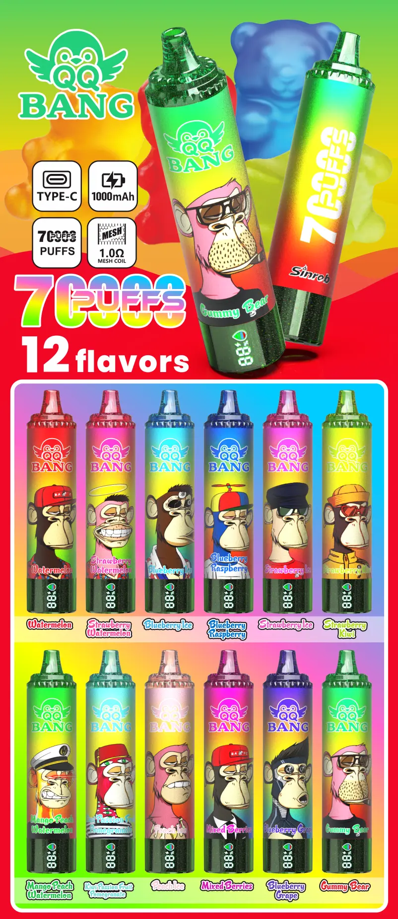 QQ Bang 70000 Puffs 70K Rechargeable Disposable Vape Shop Wholesale Electric Cigarette LED Screen 1 QQ Bang 70 000 szívás