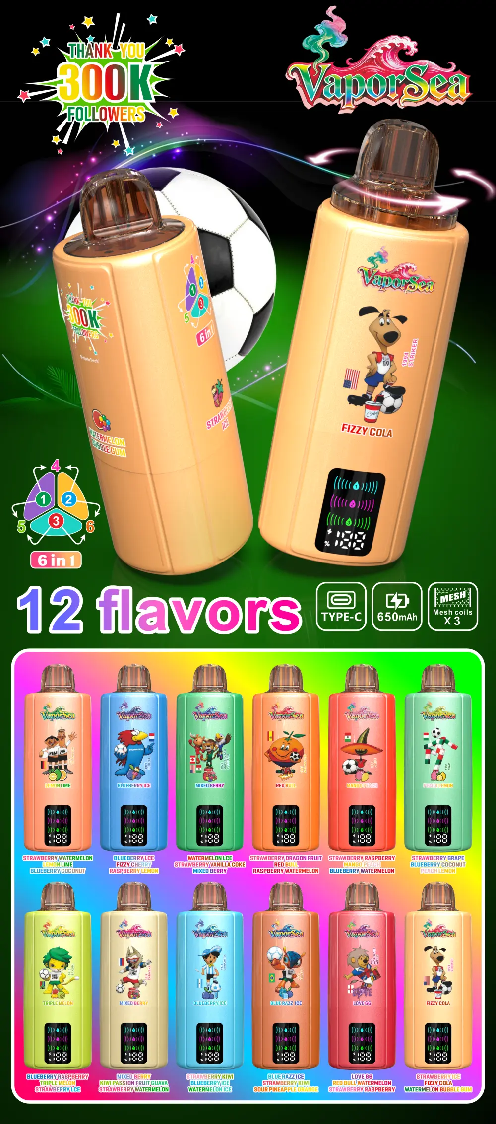 Vaporsea 300K Puffs 6 in 1 Rechargeable Disposable Vape 300000 Wholesale Electric Cigarette LED Screen 1 Vaporsea 300 000 caladas