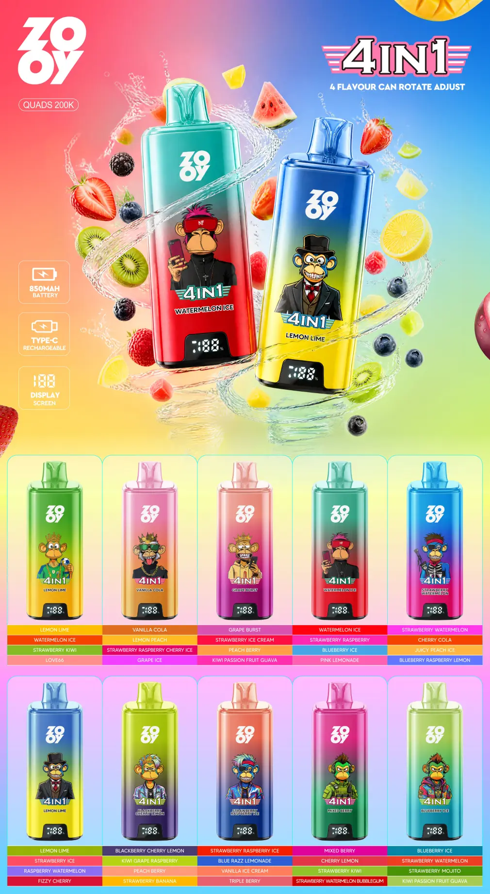 ZOOY 200K Puffs Quads 4 in 1 Vape 200000 Rechargeable Disposable Vaper Wholesale Smart Screen 1 ZOOY 200K Puffs